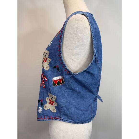Vintage 80s Christmas Bear Embroidered Denim Vest | Whimsy Grandmacore | Size M - Picture 4 of 9